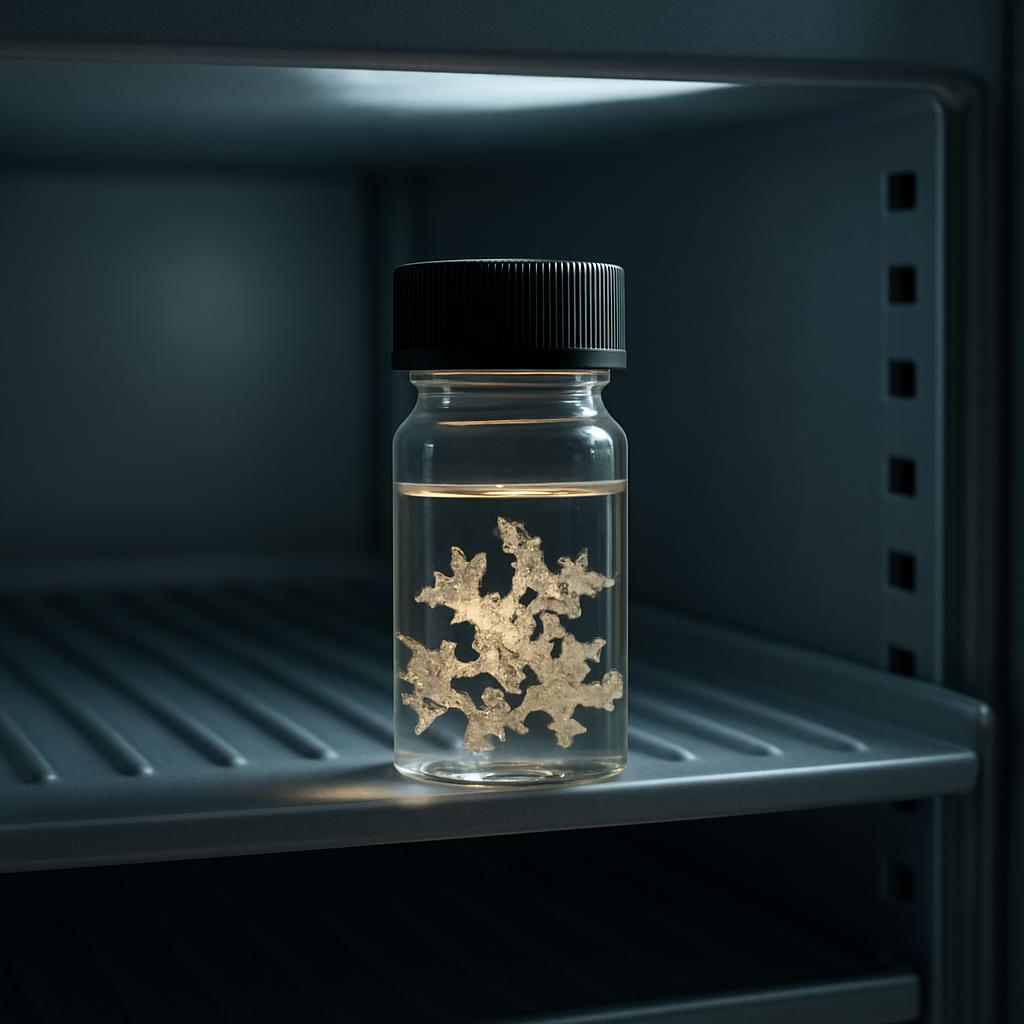 A bottle of pure gold flakes in a refrigerator, suggesting storage or preservation of the valuable metal.