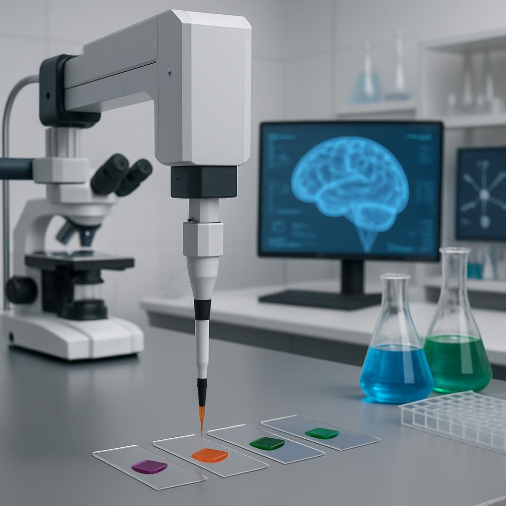 An artist’s rendering of various ink colors pouring from a dispensing pipette, in a laboratory setting. This image depicts...