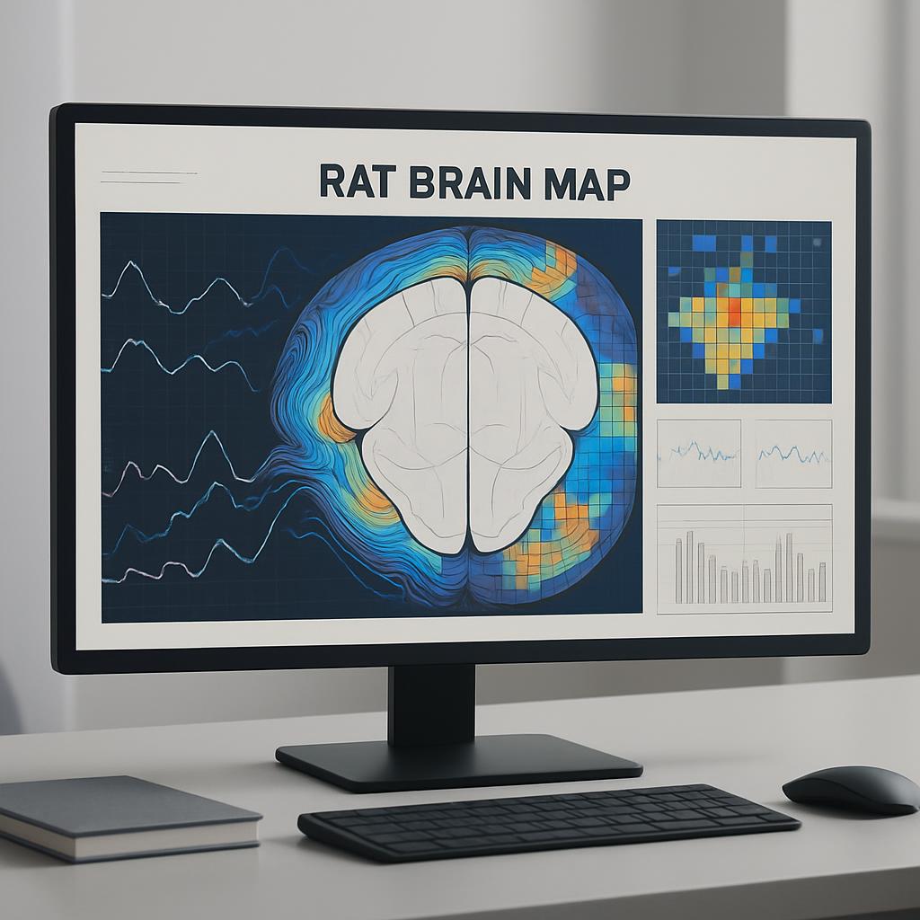 An illustration of a brain map with various graph types.